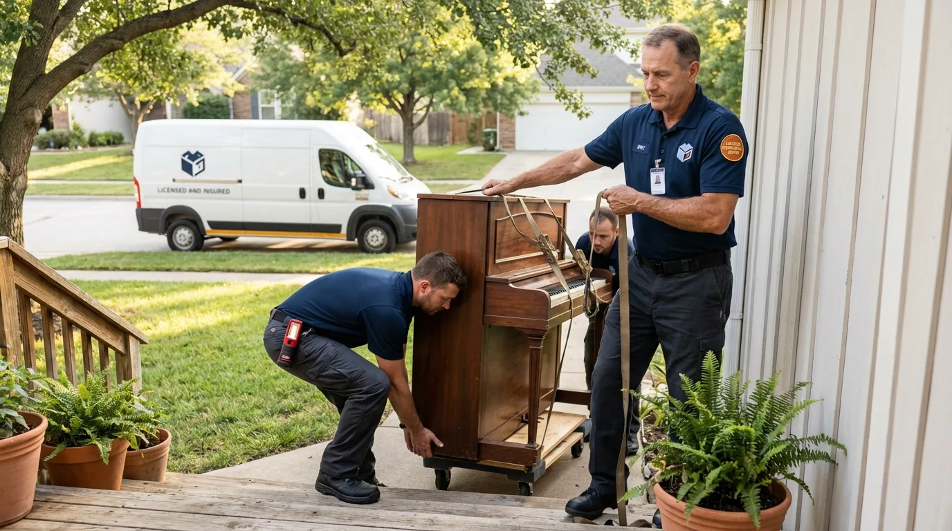 Licensed piano movers securing grand piano in El Segundo, CA