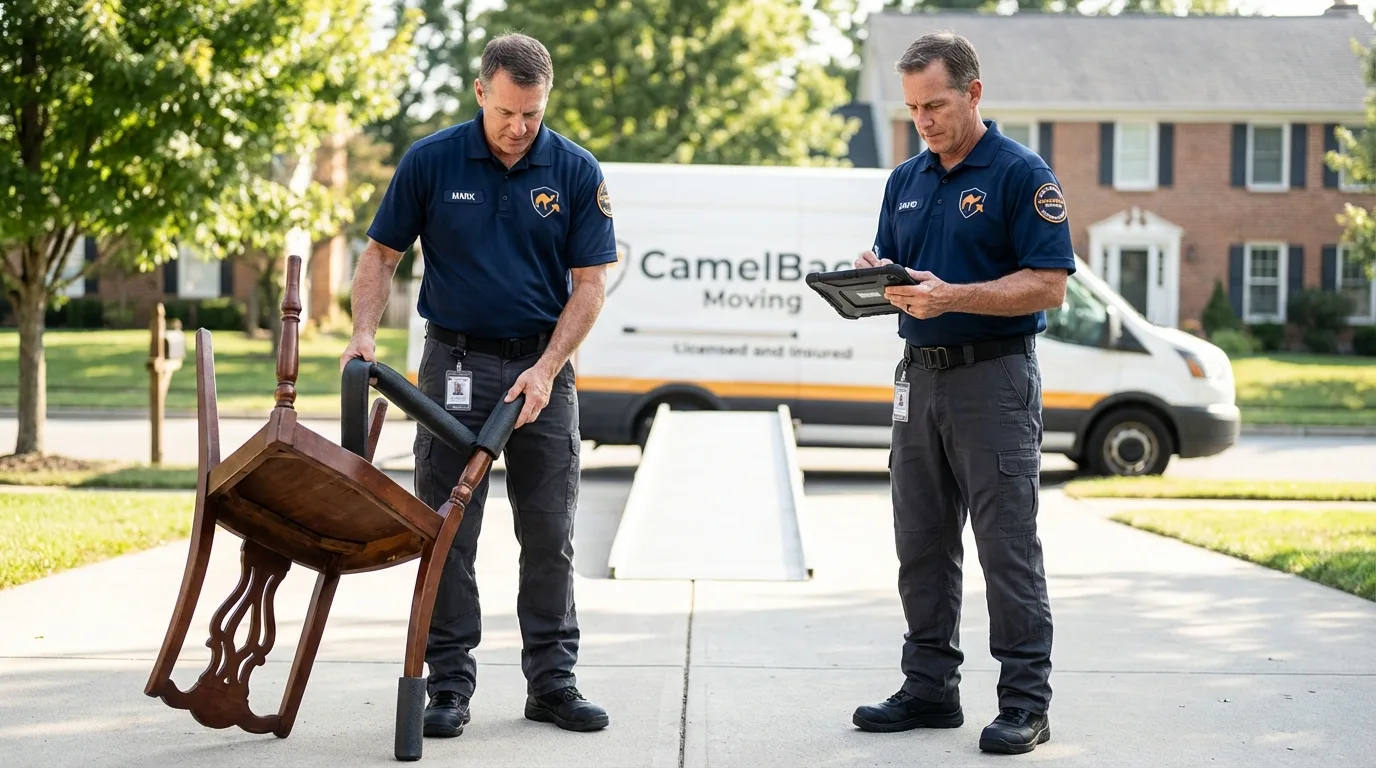 Movers inspecting furniture for damage prevention before loading in El Segundo, CA